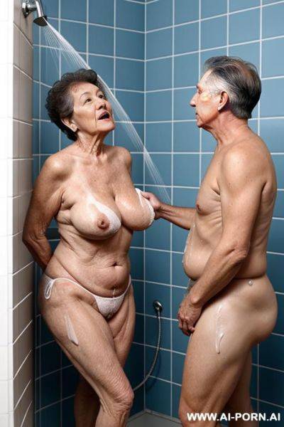 A guy soaps the tits of his grandmother during a shower, she is very shocked while he push his pelvis against her hips - ai-porn.ai on pornintellect.com