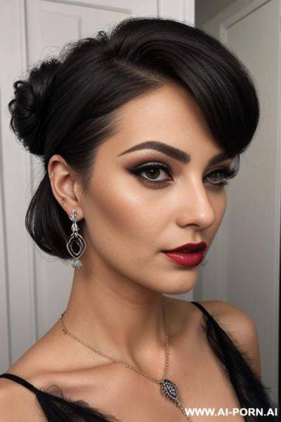 Absolute beauty, dark princess, elegant woman, ((updo haircut))) (((hairy pussy))), strong dark eyeliner, earrings, necklace - ai-porn.ai on pornintellect.com