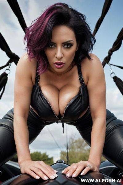 Latina milf with huge tits wearing a black biker leather jacket getting fucked - ai-porn.ai on pornintellect.com