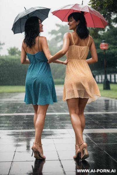 2 womans dancing in the rain wearing sun dresses - ai-porn.ai on pornintellect.com