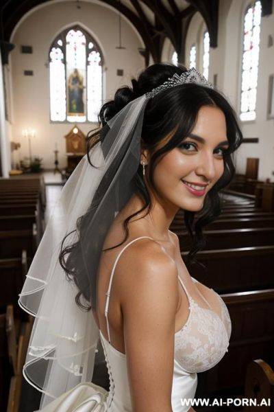 Full view, shoulder-length black hair, curls, white high heels, wedding dress, visible panties, in the middle of a church full of people, veil, - ai-porn.ai on pornintellect.com