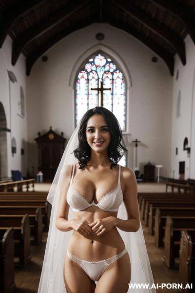 Full view, shoulder-length black hair, curls, white high heels, visible panties, in the middle of a church full of people, veil, - ai-porn.ai on pornintellect.com