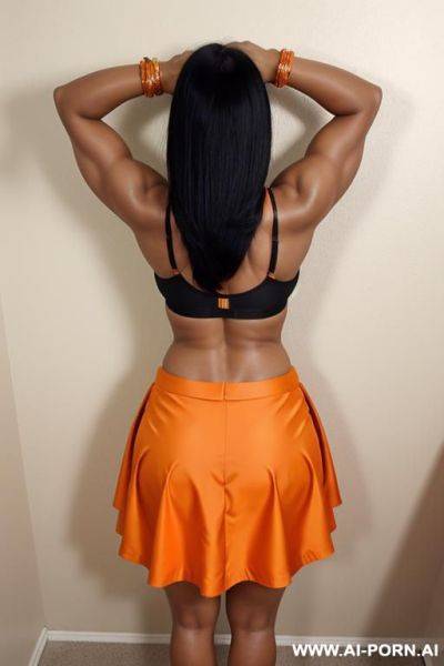 Indian, 30 years, black hair, bobcut hair, tanned, muscular arms, arms up, chubby body, orange bra, orange skirt, navel piercing, smile, looking at camera, standing, back view, heels, big ass - ai-porn.ai - India on pornintellect.com