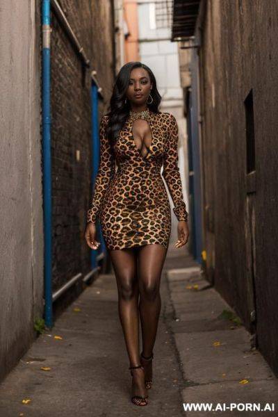 African, milf, short leopard print dress, alleyway, night - ai-porn.ai on pornintellect.com