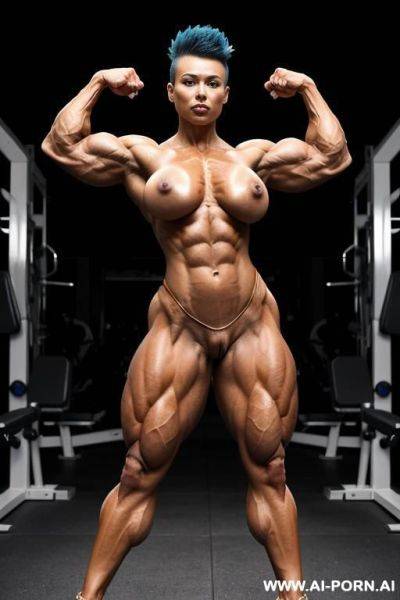A full body shot of a (((nude))) extremely huge muscular sinewy shredded bulging flexing black asian woman. she is posing and flexing in a way that shows of her muscular body. she is - ai-porn.ai on pornintellect.com