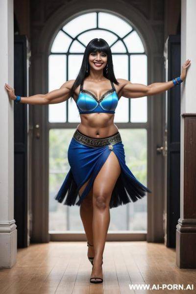 Muscular arms, blue bra, blue skirt, smile, looking at camera, long hair, perfect teeth - ai-porn.ai on pornintellect.com