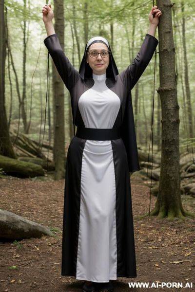Tied by hands to a tree, arms up tied above head to a branch of a tree, - ai-porn.ai on pornintellect.com