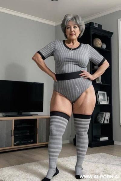 0-year-old grandmother, full body, standing, short gray hair, very visible age marks, triangular hips, thick thighs, wearing a football shirt with 3 black stripes in the center, wearing long - ai-porn.ai on pornintellect.com