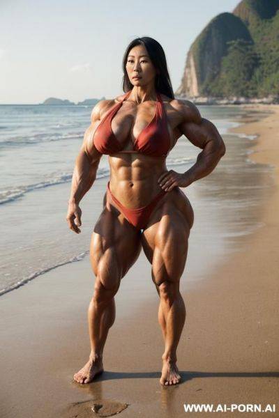 A ((())), (((sinewy))), (((extremely muscular))), ((huge)), (((asian))) woman. standing on a (((beach))). ((wide hips)). ((huge muscular thighs)). ((big muscular shoulders)). - ai-porn.ai on pornintellect.com