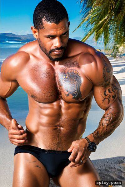 Hombre negro de brazil con six pack y ojo azul, cara bonito con tatuajes en la cama con una vista en la playa - spicy.porn - Brazil on pornintellect.com