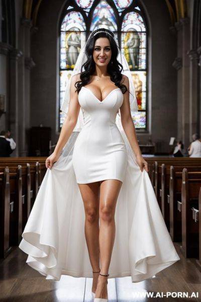 Full view, black hair, curls, white high heels, white dress, wedding dress, you can see panties, white high heels, in the middle of a church full of people, veil, - ai-porn.ai on pornintellect.com
