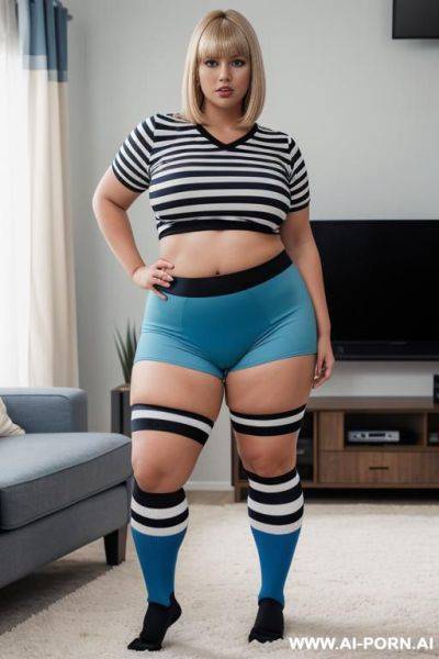 Chubby woman, full body, standing, blonde hair with bangs, triangle hips, thick thighs, wearing a football shirt with 3 black stripes in the center, wearing long striped socks, wearing blue - ai-porn.ai on pornintellect.com