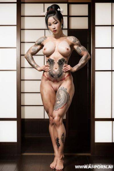 A (((nude))), (((sinewy))), (((extremely muscular))), ((huge)), (((asian))), ((geisha)) woman. ((wide hips)). ((huge muscular thighs)). ((big muscular shoulders)). ((japanese tattoos)). traditional japanese. ((white skin)). ((full body)). (posing). - ai-porn.ai - Japan on pornintellect.com