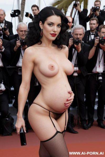 Nipple clamps, red heels, pregnant, ,black shoulder length curls, black curls, - ai-porn.ai on pornintellect.com