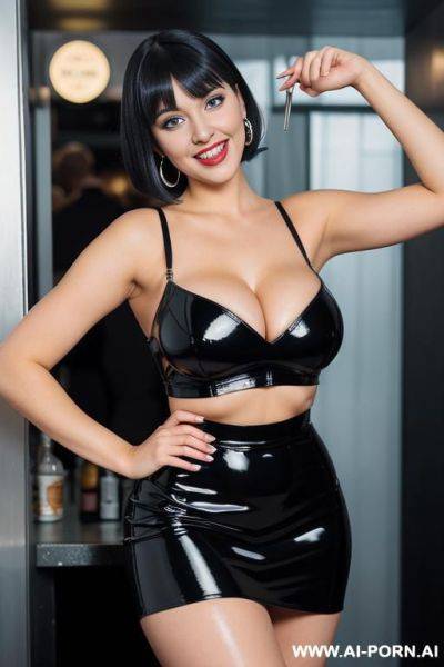 A woman with a very round face, 2 huge silver hoop earrings that reach her shoulders, blue eyes, big lips and womanage - ai-porn.ai on pornintellect.com