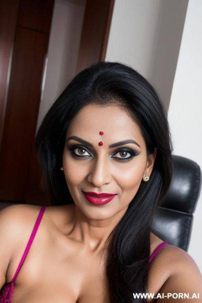 Indian milf wife, cuckold, mature, having fun, makeup, busty mom, lipstick, smokey eyes, fantasy, masterpiece, hd, high quality, photorealism, more creative, sexy pose, devil smile, villain, look in the camera, seductive body. - ai-porn.ai - India on pornintellect.com