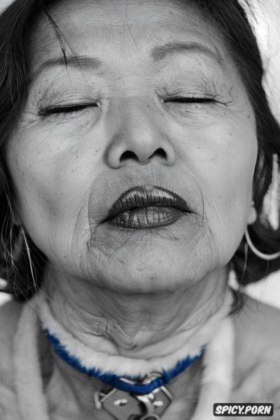 Pov, eye color blue she wears a fur choker necklace, face photo 90 year old mongolian woman with round facial features and high cheekbones - spicy.porn - Mongolia on pornintellect.com