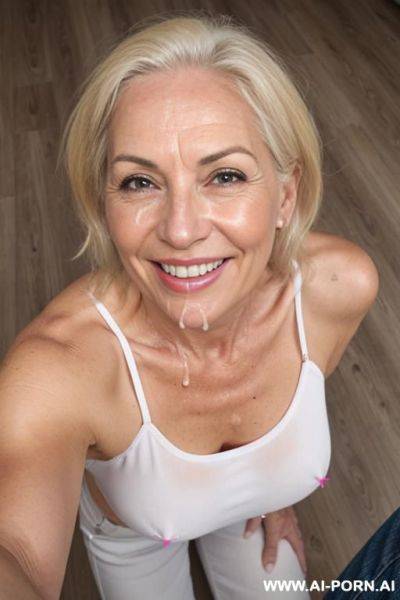 Pink highlights, no face in picture, wrinkles, old woman, baggy white top, visible nipples, skin tight jeans, blonde hair - ai-porn.ai on pornintellect.com