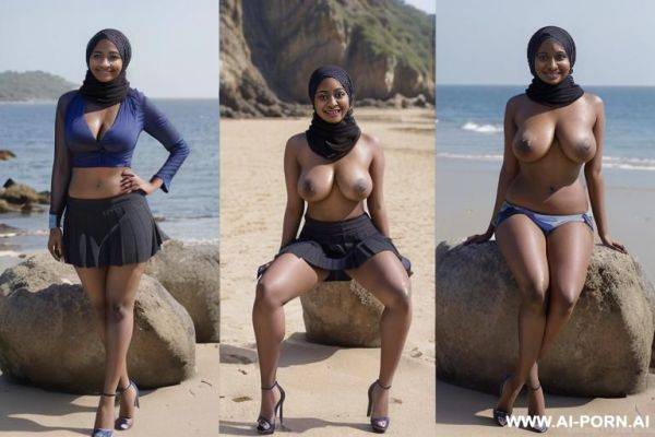 ((dark skin indian woman with hijab)), (((full body view)), ((seductive smile)), stockings, under the sun, outside on the beach, near see, high heel, feets in water, sitting on a rock, spreading - ai-porn.ai - India on pornintellect.com