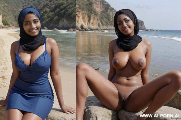 ((dark skin indian woman with hijab)), (((full body view)), ((seductive smile, re lipstick, blue eyes makeup)), stockings, under the sun, outside on the beach, near see, high heel, stockings, feets - ai-porn.ai - India on pornintellect.com