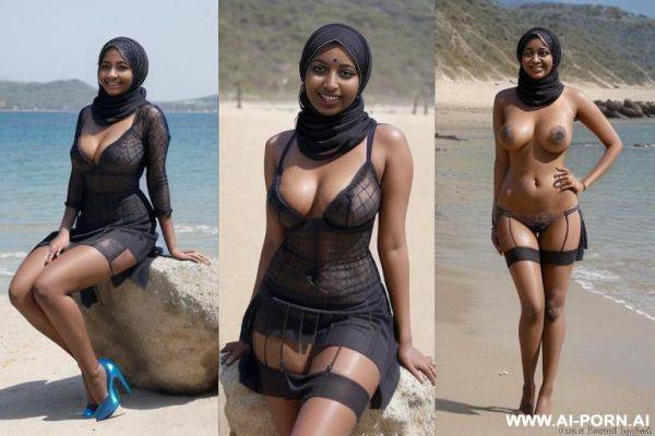 ((dark skin indian woman with hijab)), (((full body view)), ((seductive smile)), stockings, under the sun, outside on the beach, near see, high heel, stockings, feets in water, sitting on a rock, - ai-porn.ai - India on pornintellect.com