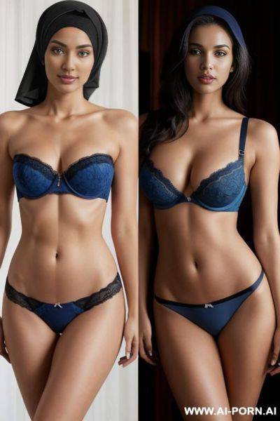 Medium full shot, alluring thighs, big boobs, brazilian, hijab, bandeau bra as top, two left and right photos with same woman: { left : red bandeau top},{ right : blue bandeau top } - ai-porn.ai - Brazil on pornintellect.com