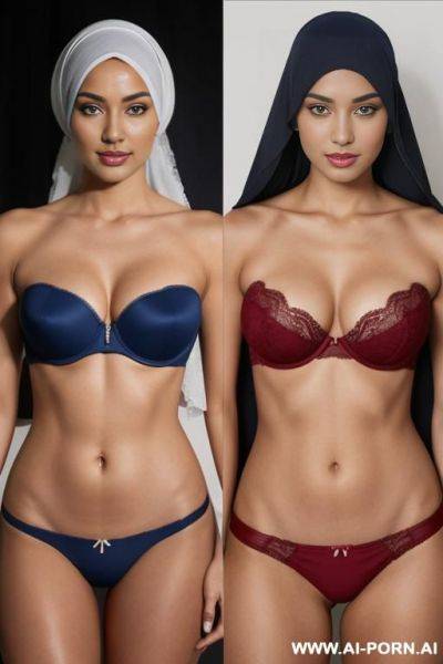 Medium full shot, alluring thighs, big boobs, brazilian, hijab, bandeau bra as top, i want two left and right photos, with same woman, , the left photo is with red bandeau lingerie and - ai-porn.ai - Brazil on pornintellect.com