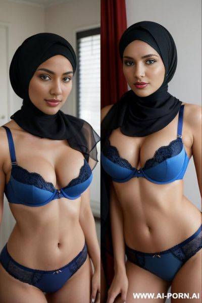 Medium full shot, alluring thighs, big boobs, brazilian, hijab, bandeau bra, two photos with same woman, (photo 1: red bra) , (photo 2 : blue bra) - ai-porn.ai - Brazil on pornintellect.com
