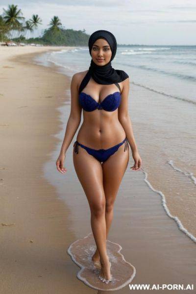 Full shot, alluring thighs, big boobs, brazilian, hijab, bandeau bra, outside, near see, on beach, feets in water, i want two left and right photos, with same woman, high heel, colored lingery - ai-porn.ai - Brazil on pornintellect.com