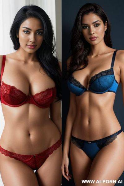 Medium full shot, alluring thighs, big boobs, brazilian, hijab, bandeau bra, two left and right photos with same woman: { left : red lingerie },{ right : blue lingerie} - ai-porn.ai - Brazil on pornintellect.com