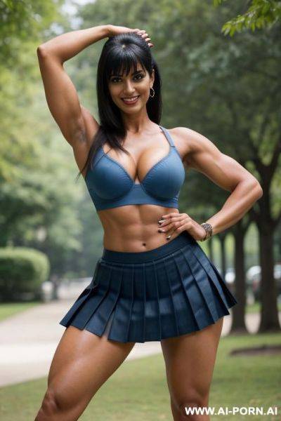 Indian, bangs, ponytail, fit, abs, muscular arms, bulked up huge, big ass, tall, long legs, navel piercing, blue bra, blue pleat skirt, looking at camera, full body, stiletto, in park, stretching - ai-porn.ai - India on pornintellect.com