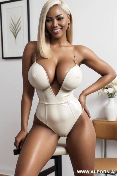 Busty gorgeous ebony milf, short punk pixie hair with shaved sides, make up, gorgeous face, thick lips, massive boobs, full body picture, open legs, hairy pussy, full naked, sensual open mouth, - ai-porn.ai on pornintellect.com