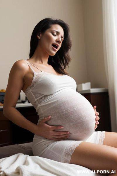 Woman, pregnant, view from front, giving birth, in pain - ai-porn.ai on pornintellect.com
