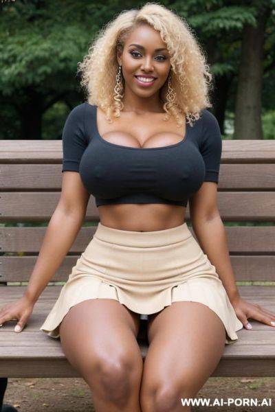 Naked, super model face, show shaved pussy, sitting with open legs on wooden park bench - ai-porn.ai on pornintellect.com