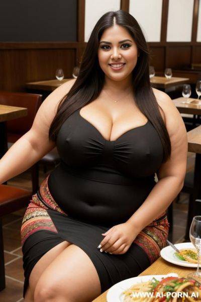 Supermodel, mexican, long hair, hourglass shaped, beautiful eyes, extra thicc, super plump, ssbbw, huge, tight black dress, eating steak, 00 poinds - ai-porn.ai - Mexico on pornintellect.com