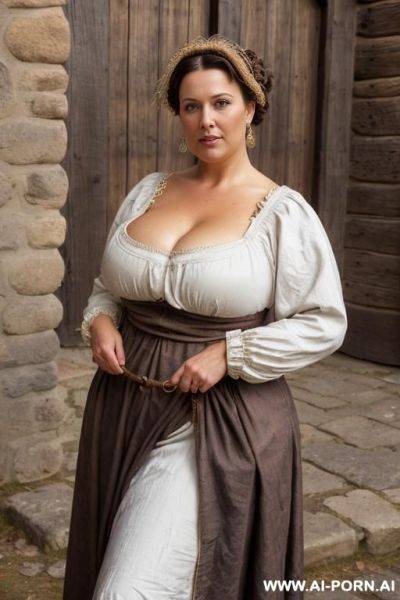 Beautiful scandinavian woman, large saggy breasts, medieval dress, dark brown hair, big dark brown eyes, chubby body, beautiful chubby milf, standing, - ai-porn.ai on pornintellect.com