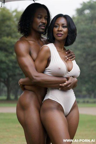 Nude ebony mature woman, standing in park, hugged by white man - ai-porn.ai on pornintellect.com