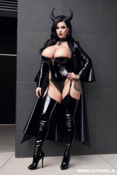 Demon, huge boobs, very high heels thigh boots, dark, tattoos, perfect body, tall, high class - ai-porn.ai on pornintellect.com