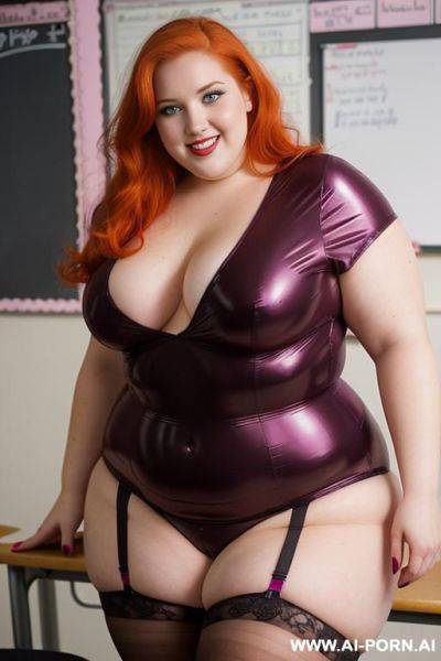 Half body photo shot, about at classroom, obese chubby fat bbw curvy teacher, wearing a sexy and hot magenta latex stocking lingeries, she is a smart teacher - ai-porn.ai on pornintellect.com