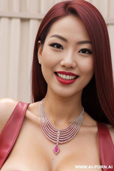 Red high heeled boots, nude, japanese, beautiful, model figure, diamond necklace, thick pink labia, close-up, smile, tongue - ai-porn.ai - Japan on pornintellect.com