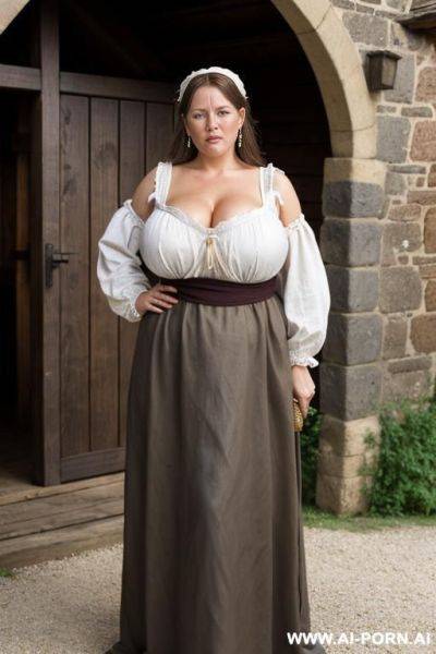 Beautiful scandinavian woman, large saggy breasts, medieval dress, dark brown hair, big dark brown eyes, chubby body, beautiful chubby milf, standing, - ai-porn.ai on pornintellect.com