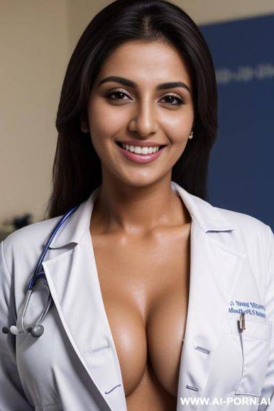 (close up) (tanned pakistani doctor) (white doctor coat) (nip slip) (doctor office) (smiling) - ai-porn.ai - Pakistan on pornintellect.com