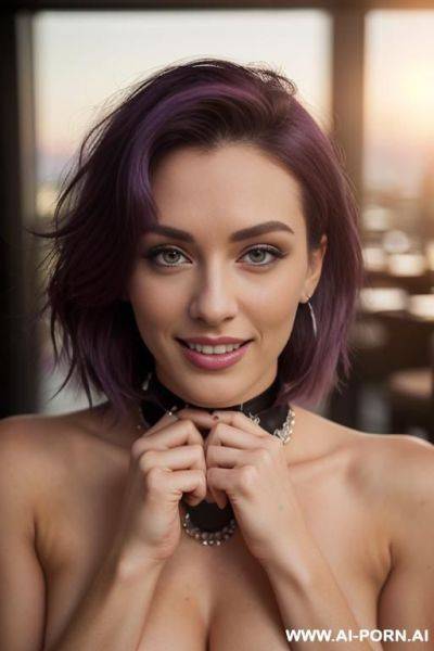 ((topless)), ((perfect breasts)), (detailed nippled), (pretty face), (wide hips), (inviting seductive smile), (light tan), (choker), (belly button ring), (hip chain) - ai-porn.ai on pornintellect.com