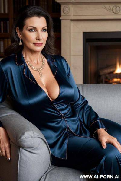 Beautiful mature woman in her ties sitting comfortably on the couch by the fireplace and reading a book, full body shut, wearing dark blue satin pj, big tits, big cleavage, earrings, necklaces, very sexy woman, - ai-porn.ai on pornintellect.com