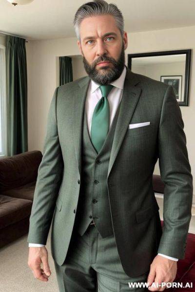 Hot mature man, standing in living room, black hair, well trimed beard, green eyes, wearing suit and tie, ((keep face)), - ai-porn.ai on pornintellect.com