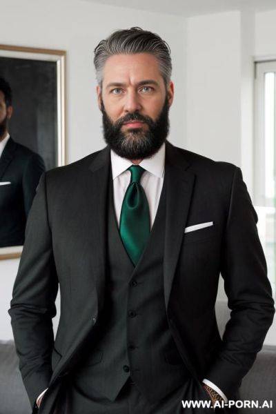 Hot mature man, standing in living room, black hair, well trimed beard, green eyes, wearing black suit and tie, ((keep face)), - ai-porn.ai on pornintellect.com