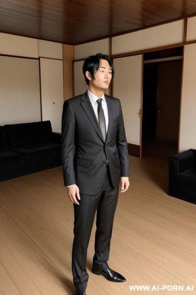 Japanese man, standing in living room, black hair, wearing suit and tie, - ai-porn.ai - Japan on pornintellect.com