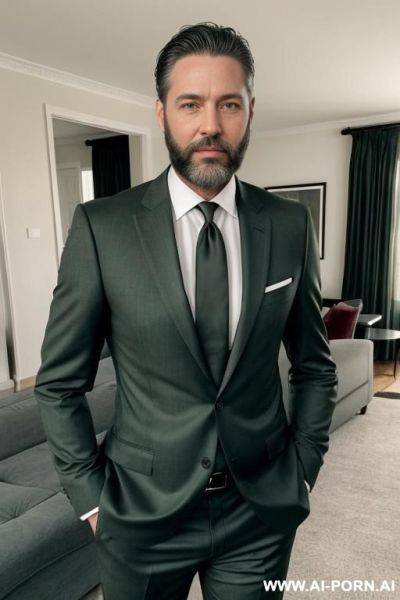 Hot mature man, standing in living room, black hair, well trimed beard, green eyes, wearing suit and tie, - ai-porn.ai on pornintellect.com