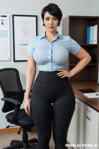Short sleeve light blue shirt, buttoned up, high waist black yoga pants, middle parted hairstyle - ai-porn.ai on pornintellect.com