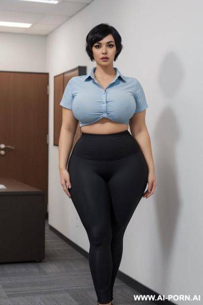 Short sleeve light blue shirt, two buttons, high waist black yoga pants, middle parted hairstyle - ai-porn.ai on pornintellect.com